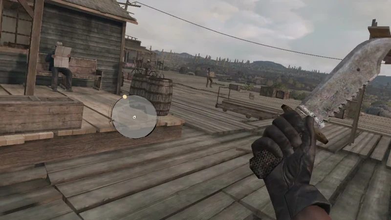 Red Dead Redemption auf Quest 3: Messerhand und Minimap vor den Holzgebäuden – eigene Quest-3-Aufnahme.