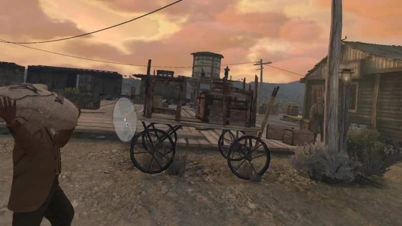 Red Dead Redemption Standalone auf Quest 3: Pferd und Wagen im Ort bei Sonnenuntergang