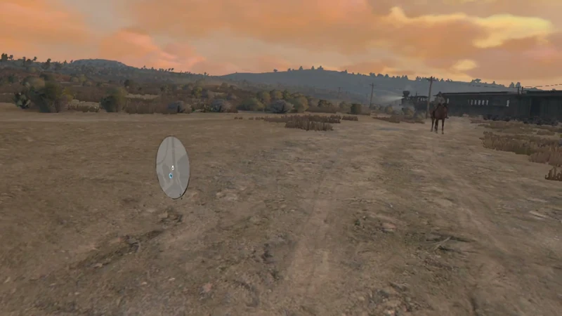 Red Dead Redemption auf Quest 3: Offene Landschaft außerhalb des Ortes im Abendlicht – eigene Quest-3-Aufnahme.