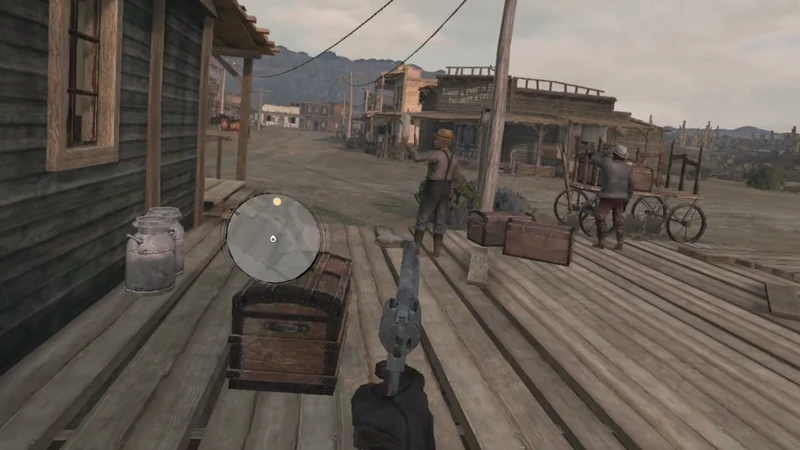Red Dead Redemption auf Quest 3: Blick von der Holzveranda in den Ort – eigene Quest-3-Aufnahme.